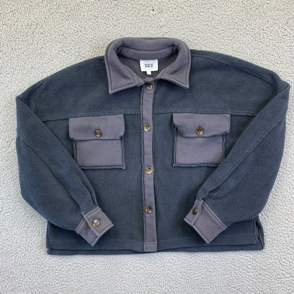 BKE Fleece Womens Charcoal Grey‎ Collared Long Sleeve Shacket Size Large Pockets